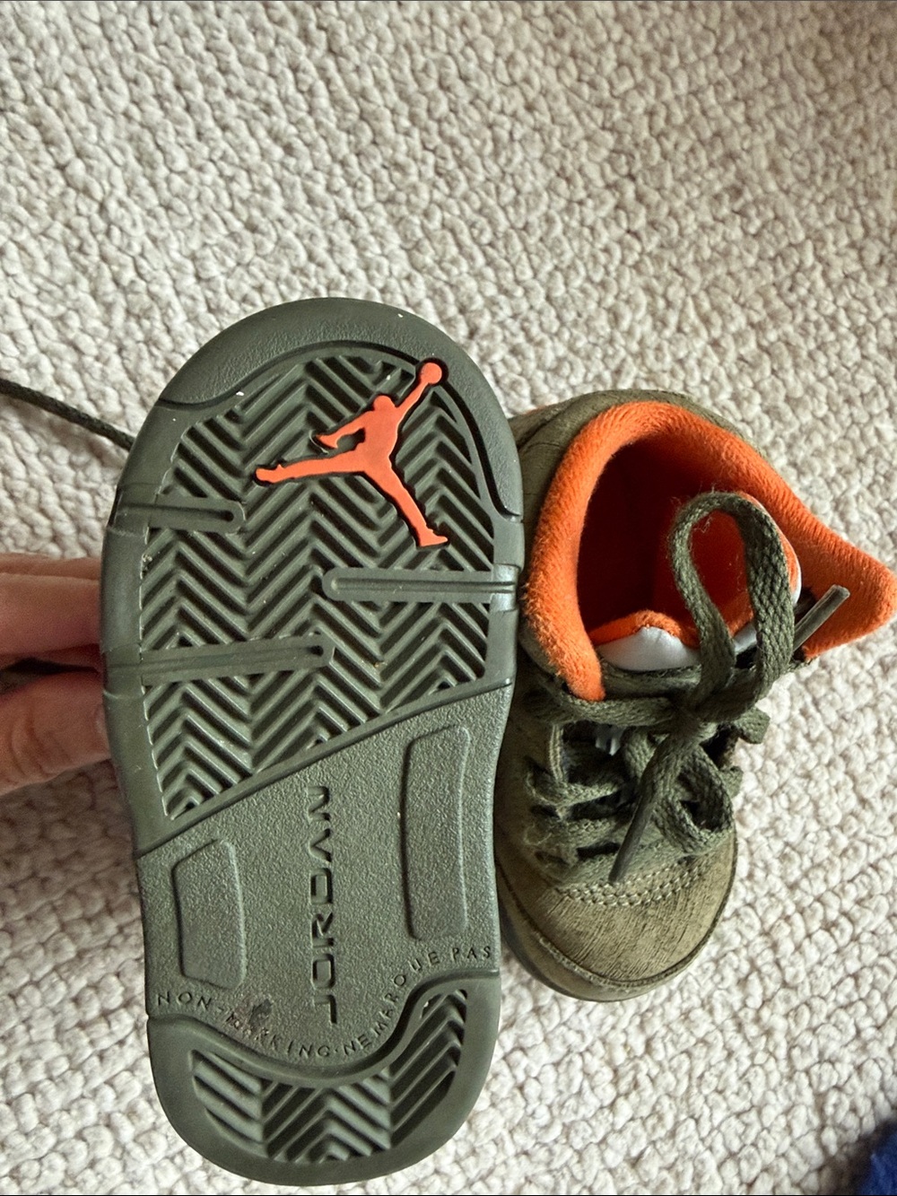 Jordan Kids Olive High-Top Sneaker with Orange Accents